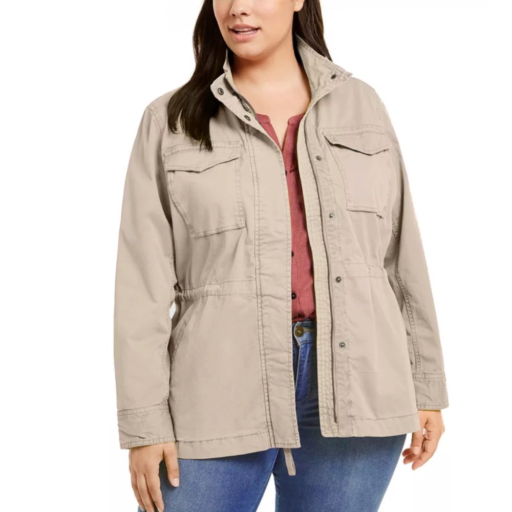 Style & Co - Cotton Ruched Drawstring Zip + Snap Front Tan Utility Jacket - 1X